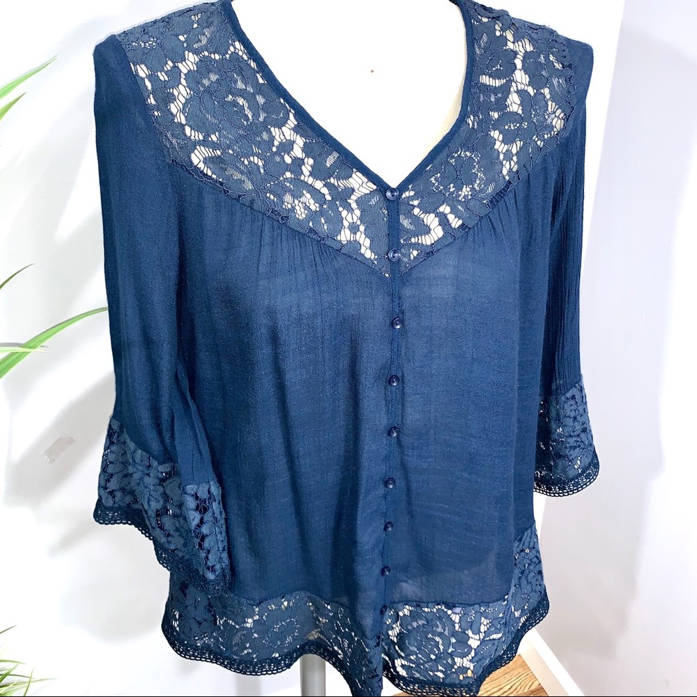 Valerie Stevens Boho Lace Detail Flowy Blouse